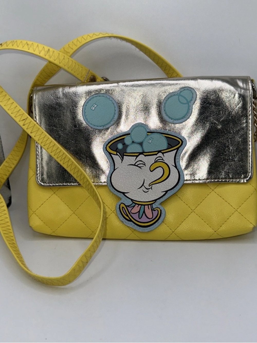 Yellow and Silver Quilted Crossbody Bag with Character Patch